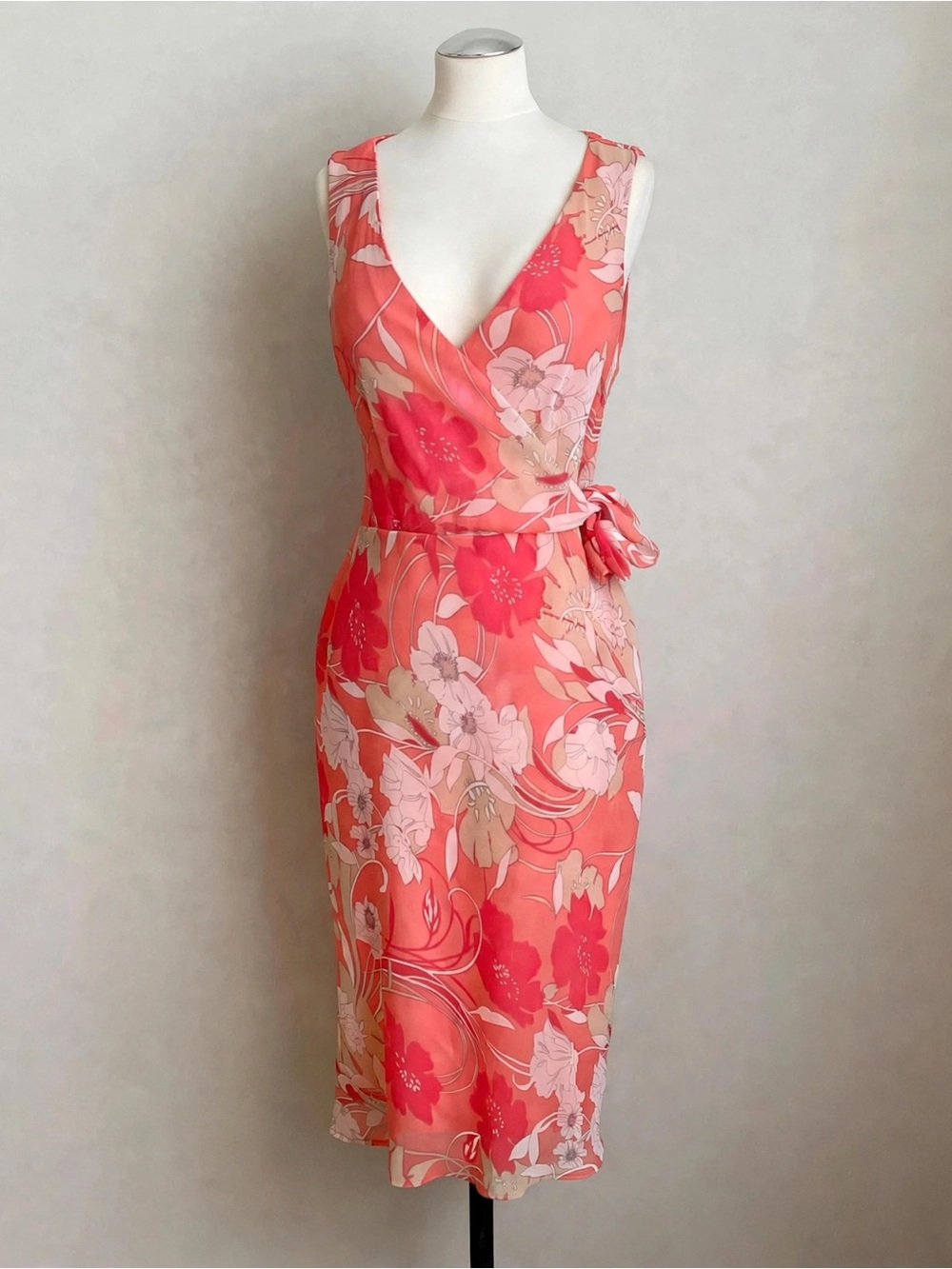 Merona Coral Pink Floral Faux Wrap Dress 10 Midi Sleeveless